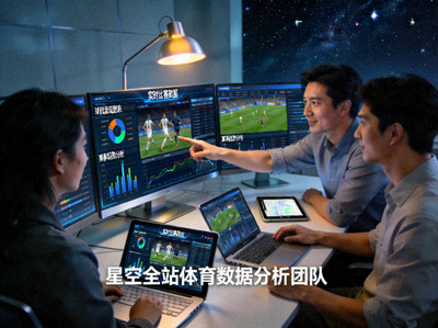 星空全站体育数据分析团队工作场景，屏幕上显示着各种比赛数据和图表
